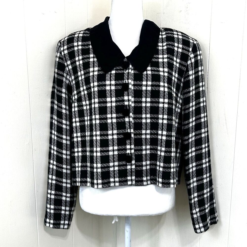 Sag Harbor Vintage Black White Plaid Short Blazer Size 18 Black Velvet Collared